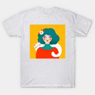 Cute girl with cute white cat, version 2 T-Shirt